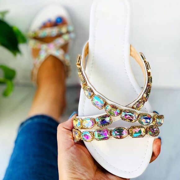 White Ab Silver Iridescent gemstone slide sandal - Picture 1 of 4